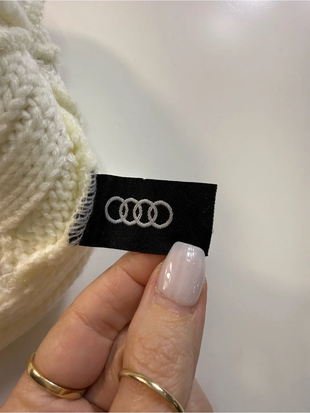 Audi Women's Red and Cream Cable Knit Pom Beanie NWOT